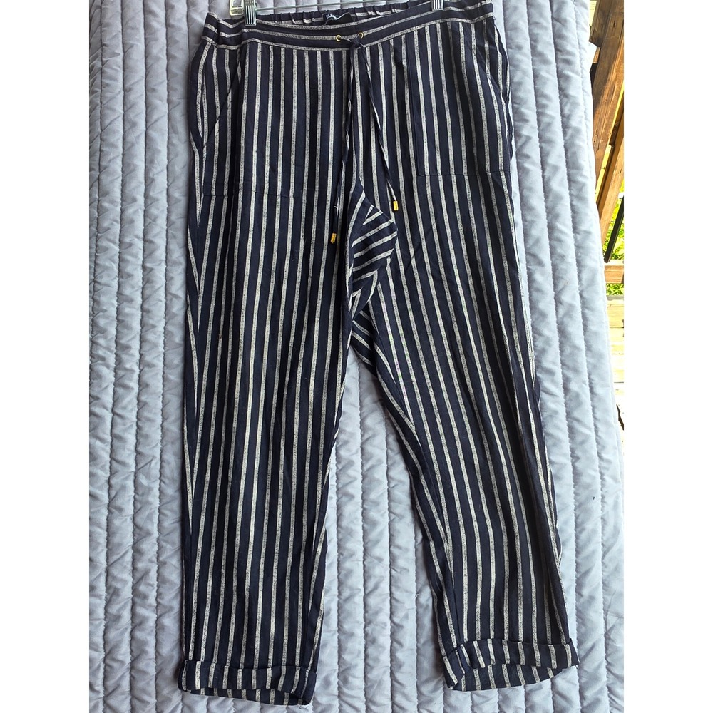 879 Ellen Tracy Navy Striped Linen Blend Drawstring Tapered Pants Womens Large